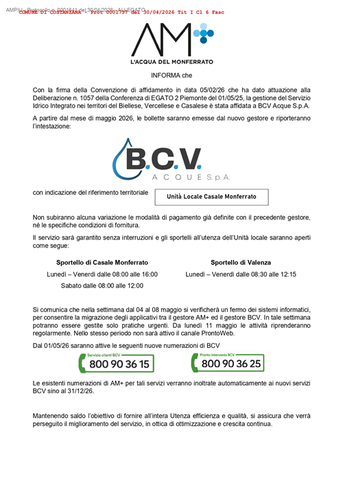 Avviso gestione servizio idrico integrato