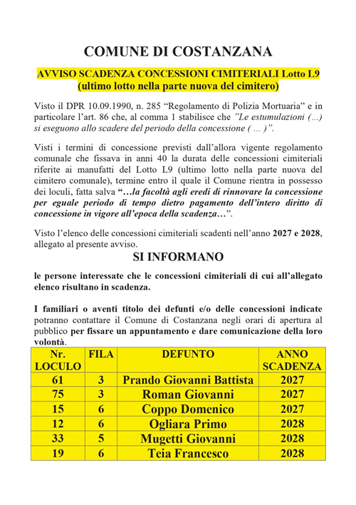 AVVISO SCADENZA CONCESSIONI CIMITERIALI Lotto L9
(ultimo lotto nella parte nuova del cimitero)