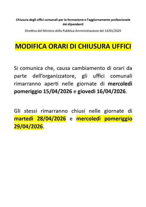Chiusura uffici comunali per formazione e aggiornamento professionale
